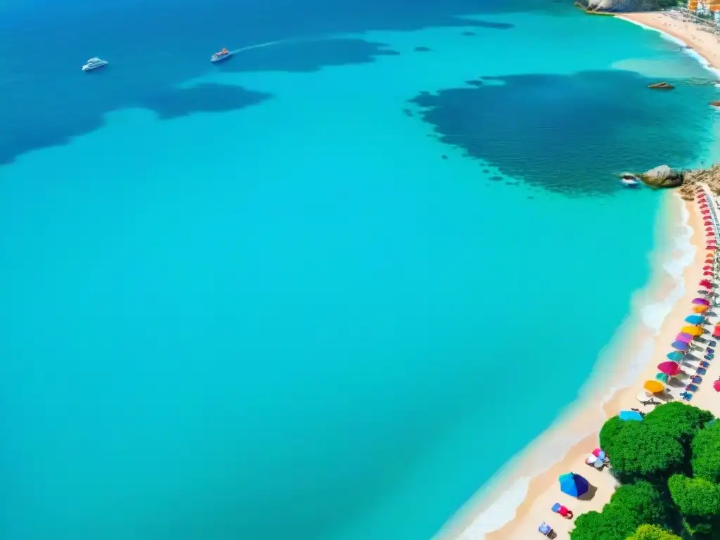 Playa paradisíaca: vista aérea de un destino costero vibrante Vista aérea impresionante de un pueblo costero vibrante, con playa llena de sombrillas coloridas y aguas cristalinas, turistas y vendedores locales
