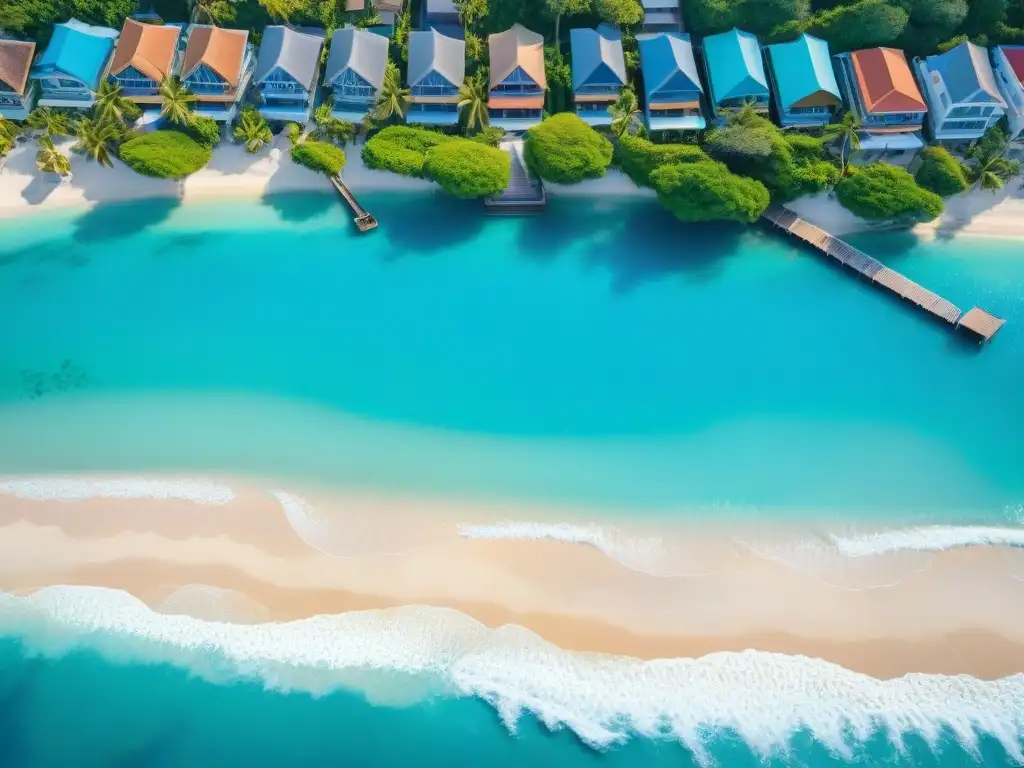 Paraíso costero: villas coloridas y aguas turquesa Una vista aérea impresionante de un pueblo costero pintoresco con villas coloridas, palmeras meciéndose suavemente y aguas turquesas cristalinas