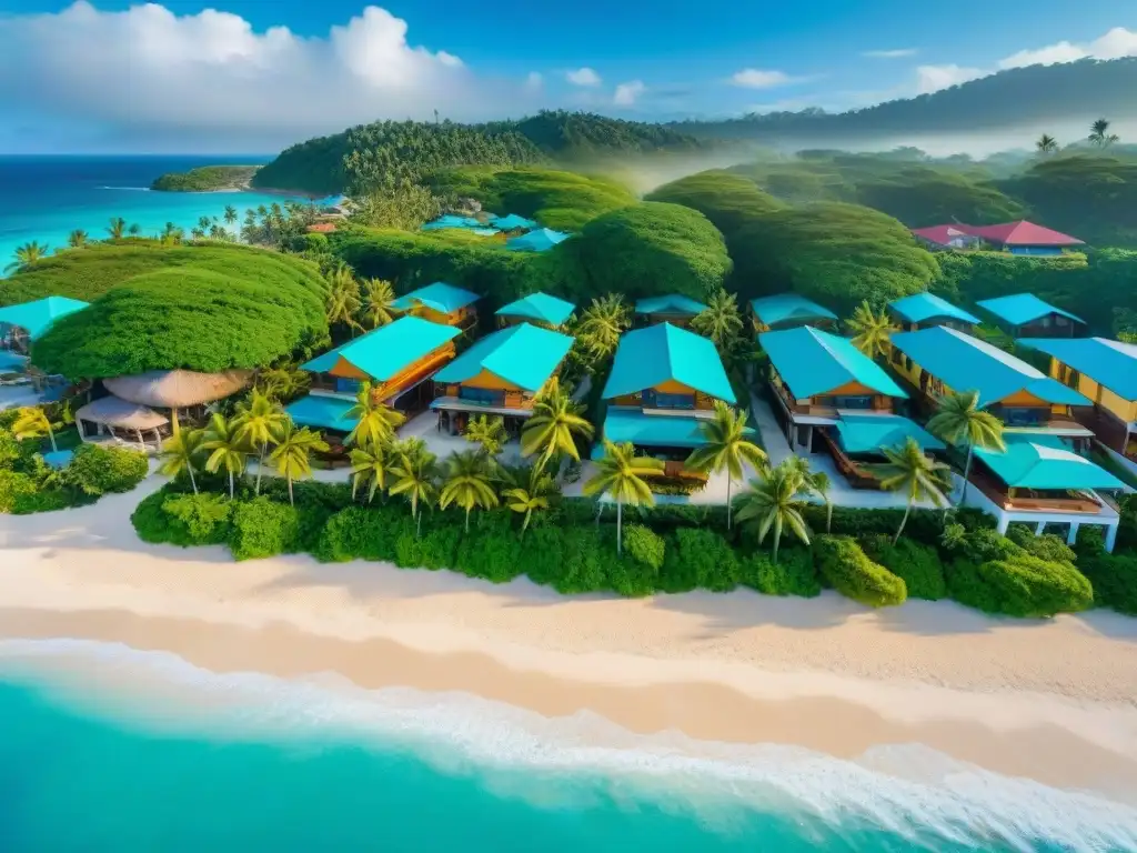Paraíso costero: aguas turquesas, playas doradas y palmeras verdes Vista aérea impresionante de un pueblo costero, con aguas turquesas, playas doradas y villas coloridas