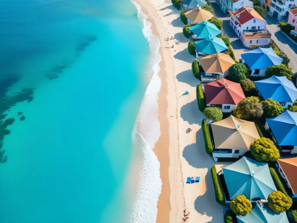 Costa dorada: pueblo costero al amanecer con playas de ensueño Vista aérea impresionante de un pueblo costero al amanecer con una paleta de colores hogar costero