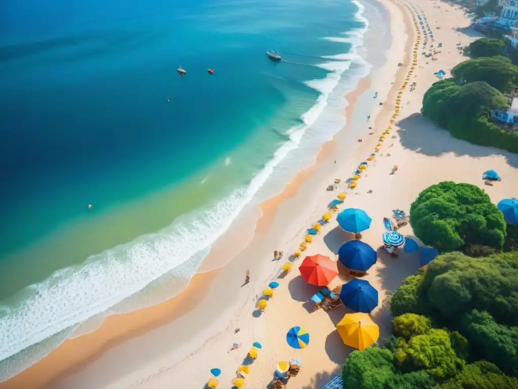 Espléndida vista aérea de un pueblo costero vibrante Vista aérea impresionante de un pueblo costero vibrante, con sombrillas coloridas en la playa y tonos azules del mar