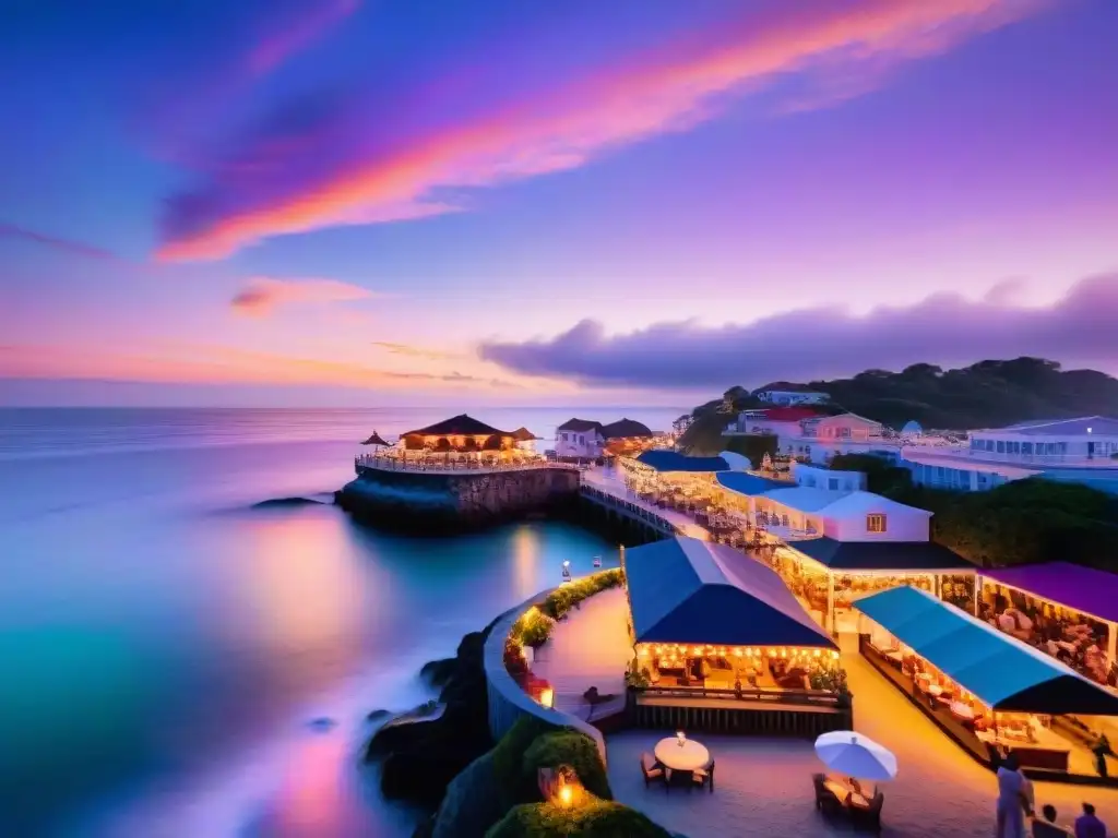 Anochecer mágico en pueblo costero: muelle, bares y cócteles Vista aérea impresionante de un pueblo costero al atardecer con muelle iluminado, bares animados y cielo colorido reflejado en el mar