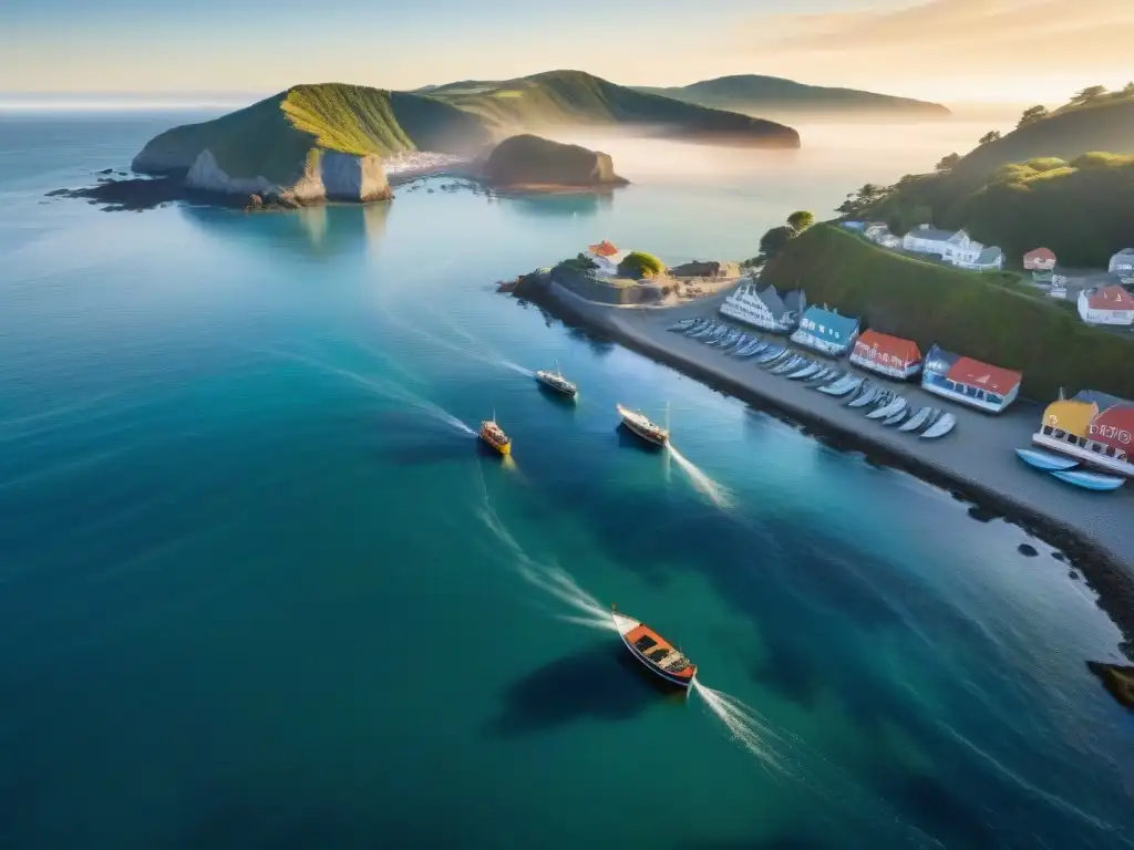Encanto costero al amanecer: pesca sostenible en un pintoresco pueblo Vista aérea impresionante de un pueblo costero al amanecer, con pescadores, mercado de mariscos y gastronomía costera sostenible tendencia