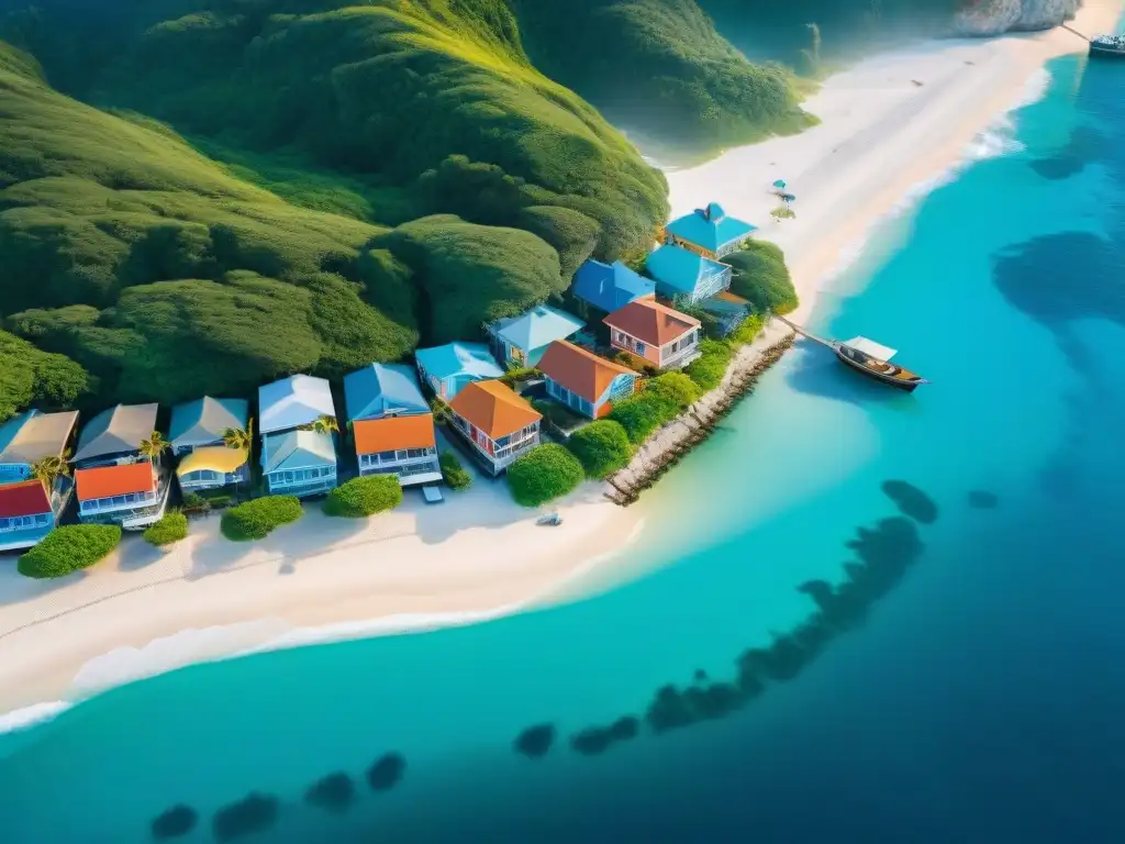 Vistas aéreas impresionantes: casas coloridas frente al mar Vista aérea impresionante de un pueblo costero con casas coloridas frente al mar, reflejando la belleza del mercado inmobiliario costero big data