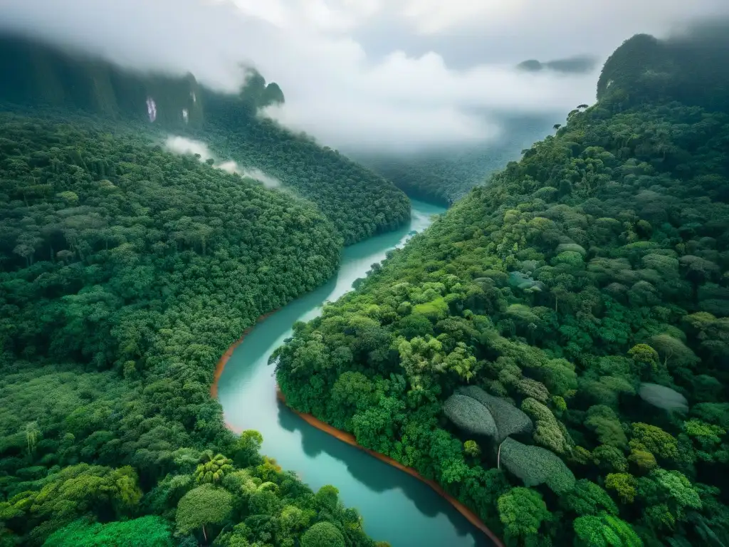 Selva exuberante: conservación y turismo sostenible Vista aérea impresionante de selva con río vibrante, resalta la importancia de turismo sostenible proyectos conservación destinos