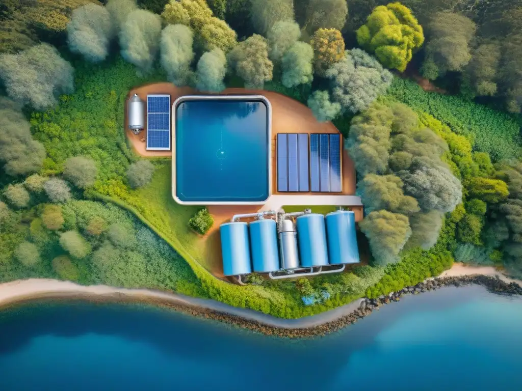 Sistema de agua sostenible en propiedad costera Vista aérea impresionante de sistemas de agua sostenibles costeros en acción, destacando tecnología y naturaleza en armonía