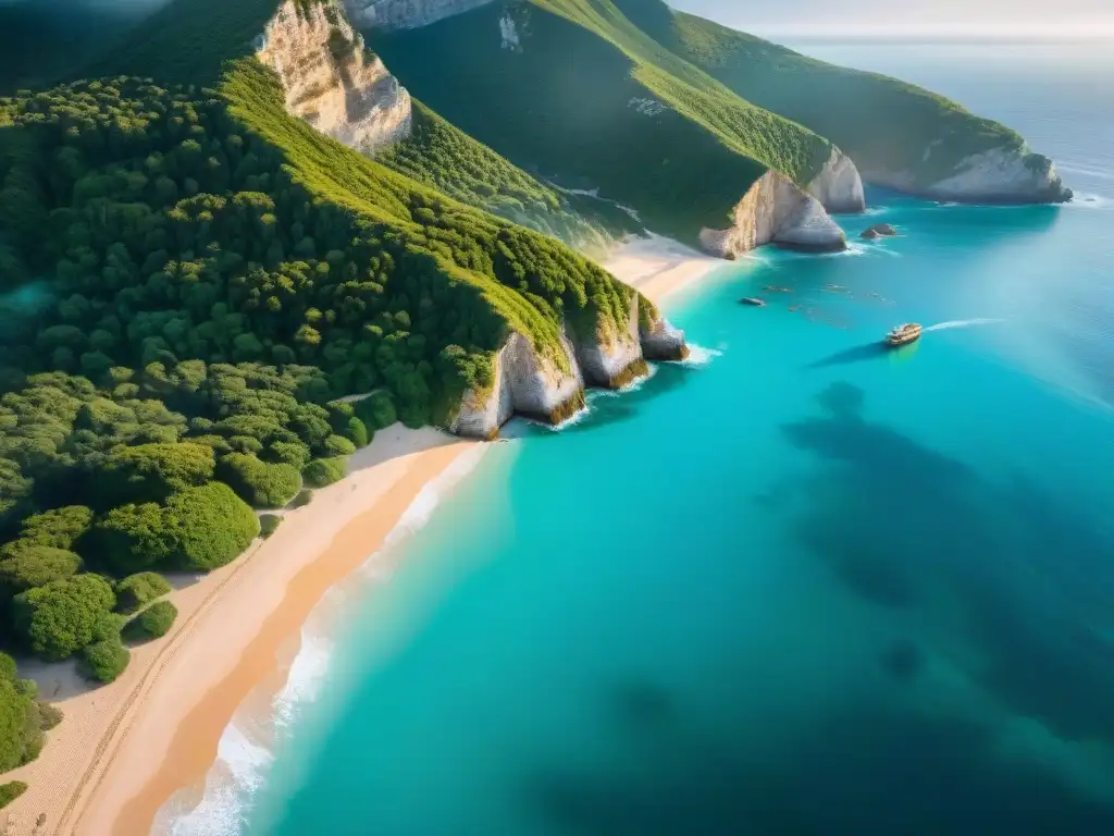 Costa dorada y aguas turquesa: paisaje costero impresionante Vista aérea impresionante de una ubicación costera perfecta con aguas turquesas y playas doradas, acantilados, vegetación y barcos pesqueros