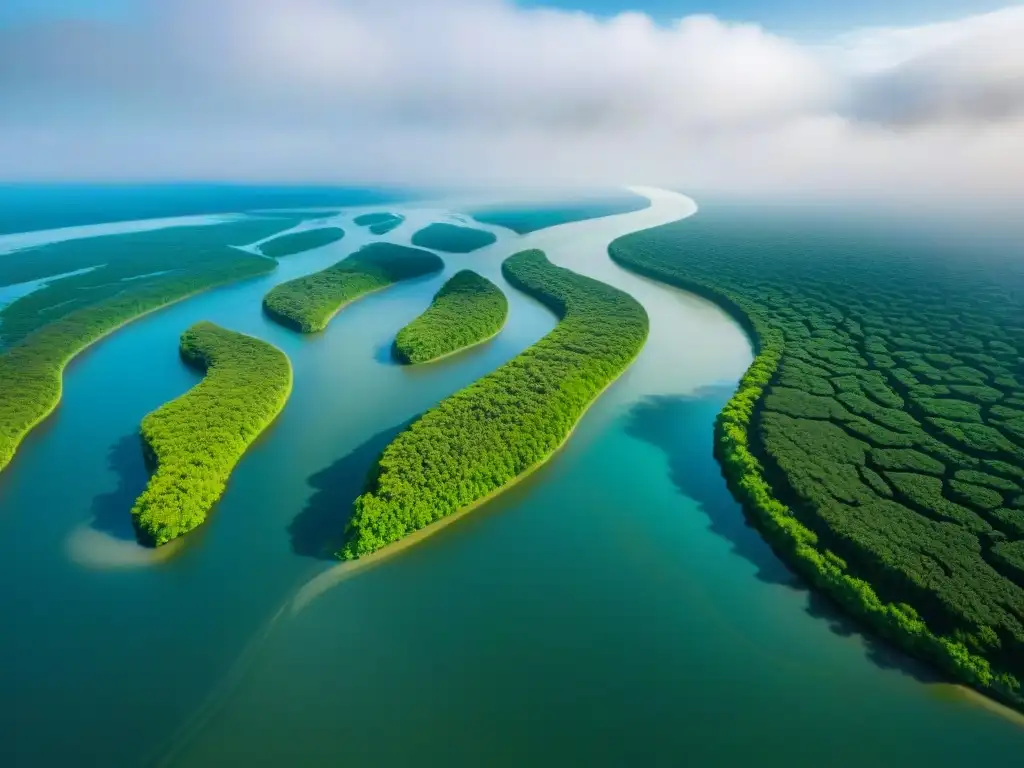Delta fluvial: mosaico natural de belleza frágil Vista aérea impresionante de un vasto delta de río, resaltando redes de agua y naturaleza exuberante