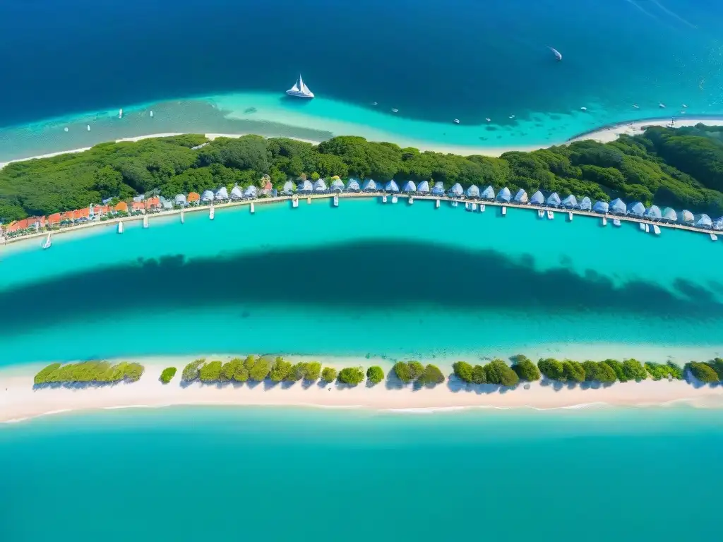 Marina vibrante y playas doradas: paraíso costero en acción Una vista aérea impresionante de un vibrante pueblo costero, con una marina, playa dorada, turquesas aguas y propiedades frente al mar