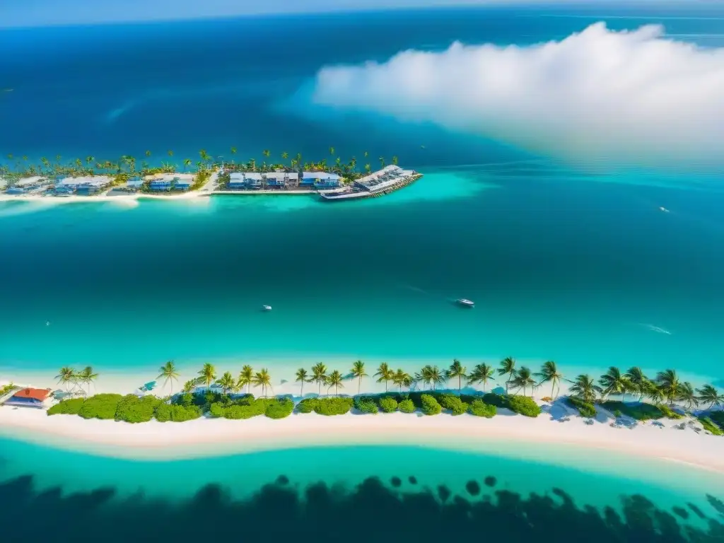 Paraíso costero: casas coloridas, palmeras y marina vibrante Vista aérea impresionante de una vibrante comunidad costera con casas coloridas frente a la playa, palmeras y un animado puerto lleno de barcos