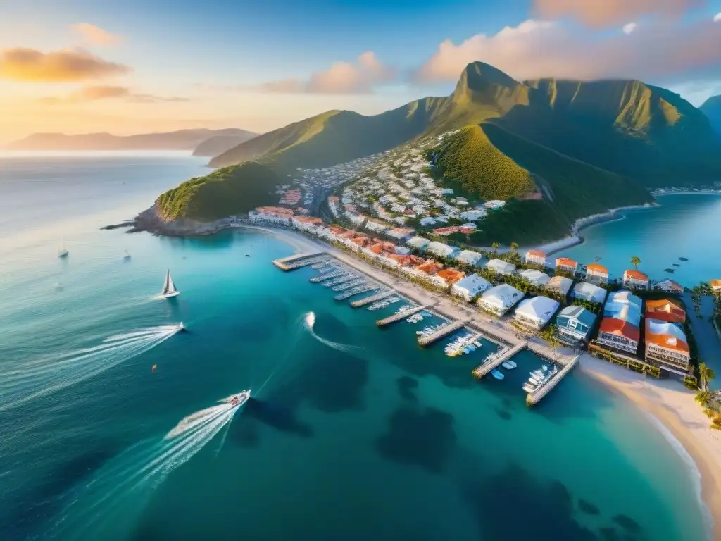 Vista aérea: Pueblo costero vibrante al atardecer Vista aérea impresionante de la vida costera con las mejores propiedades, playas coloridas, marina animada y montañas majestuosas al atardecer