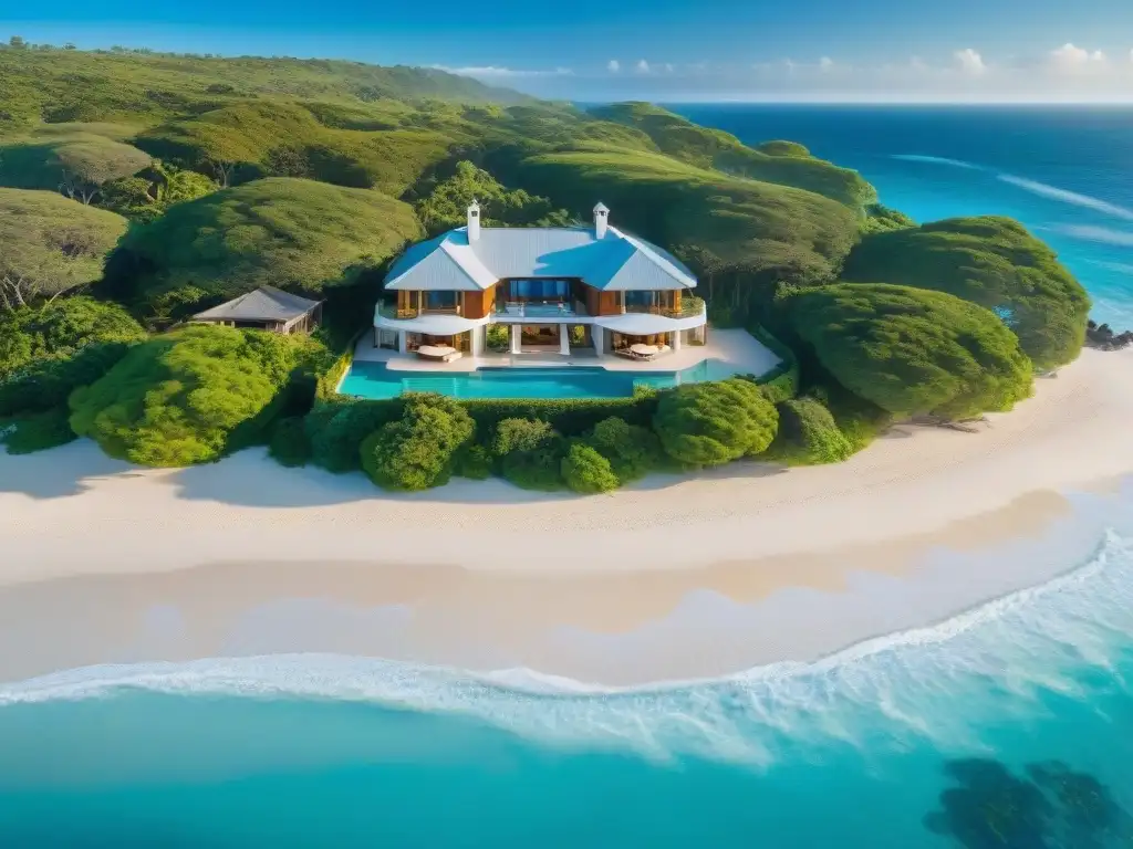 Villa de lujo frente al mar: atardecer en paraíso costero Vista aérea impresionante de una villa de lujo en la costa, con playa, mar turquesa y vegetación exuberante al atardecer