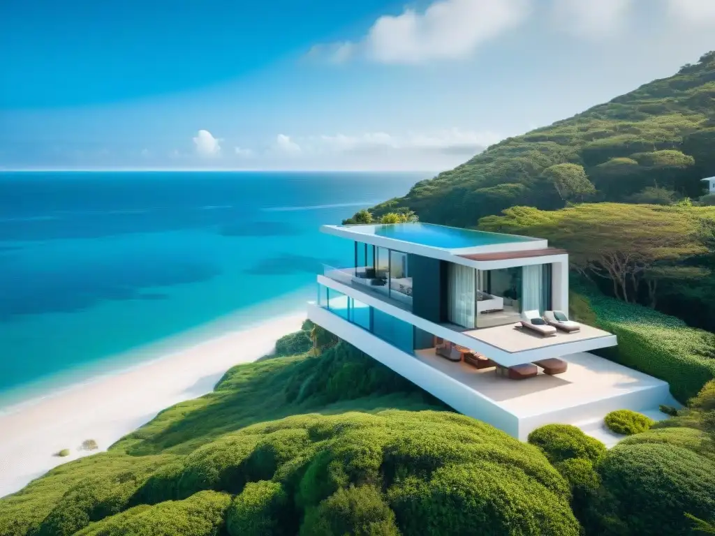 Villa de playa moderna: arquitectura costera de lujo Vista aérea impresionante de villa moderna en la playa, diseño costero que refleja el mar y el cielo