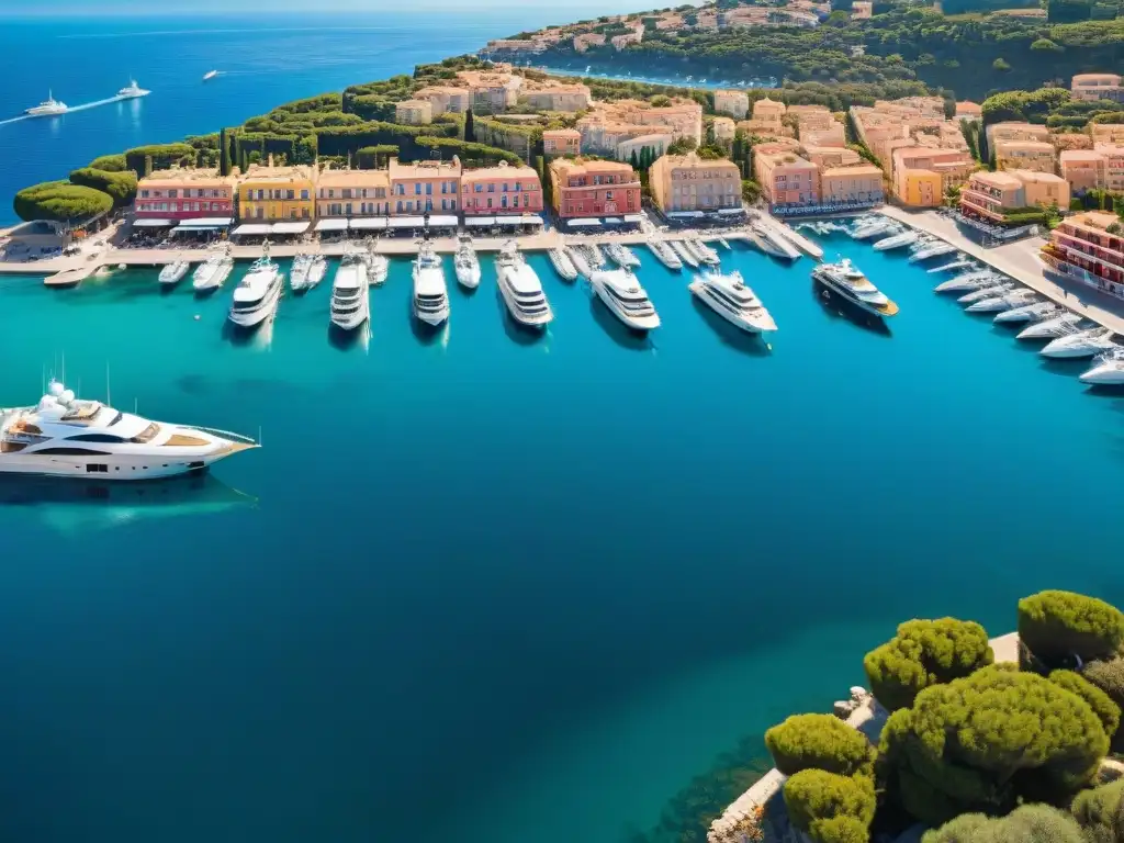 Exclusiva marina de Saint-Tropez: lujo y opulencia en el Mediterráneo Una vista aérea impresionante de yates de lujo en la marina de Saint-Tropez, Francia, con edificios pastel y aguas cristalinas del mar Mediterráneo