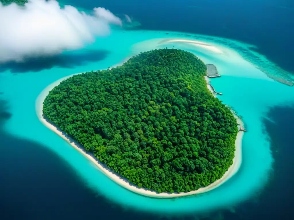 Isla tropical con técnicas innovadoras de conservación de agua Vista aérea de isla tropical con aguas turquesas y modernas estrategias sostenibilidad propiedades islas