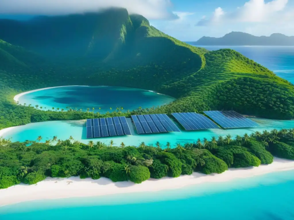 Paraíso eco-sostenible: isla tropical con propiedades verdes Vista aérea de isla tropical con estrategias sostenibilidad propiedades islas en armonía con la naturaleza exuberante y el mar cristalino