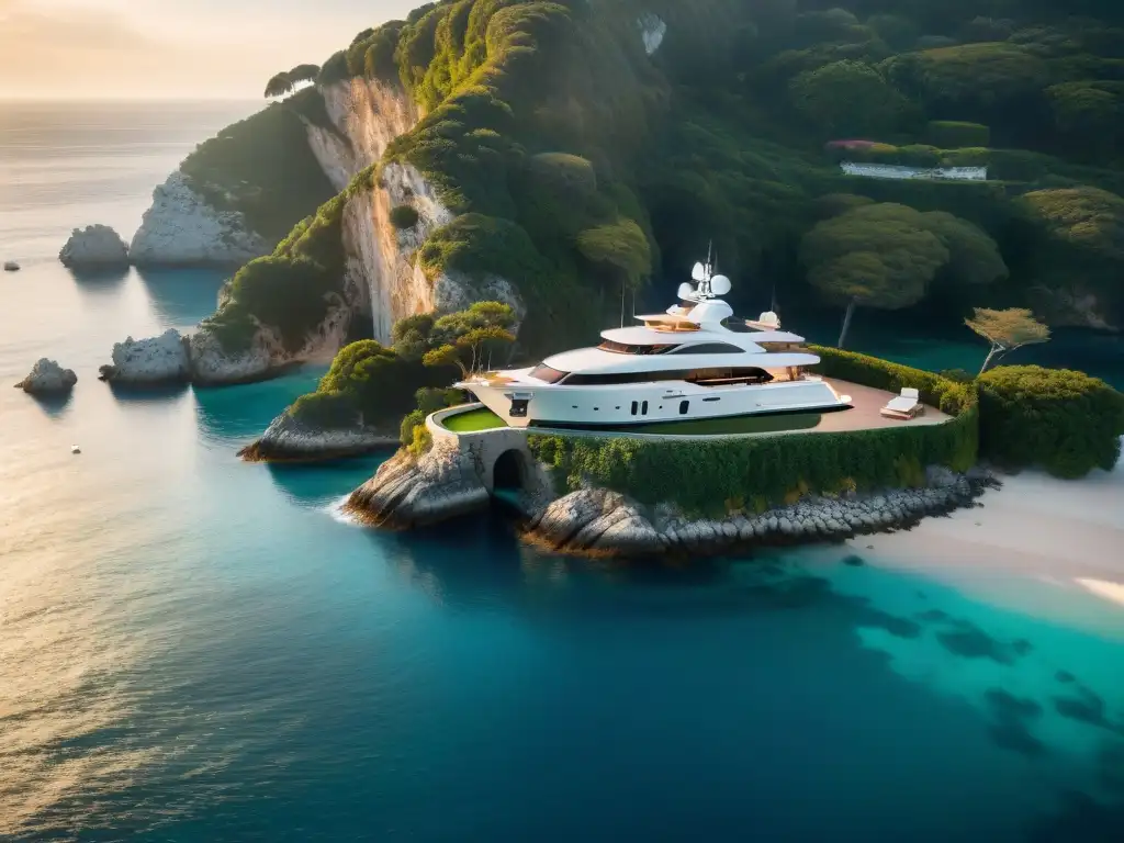 Residencia de lujo yate elegante en acantilado Vista aérea de mansión de lujo en acantilado con yate elegante anclado en el mar, lujo en la costa comparación