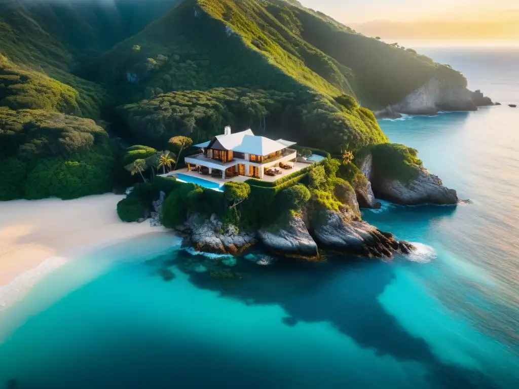 Villa de lujo en acantilado: playas, aguas turquesas y atardecer dorado Vista aérea de lujo: villa en acantilado con playas de arena, aguas turquesa y exuberante vegetación