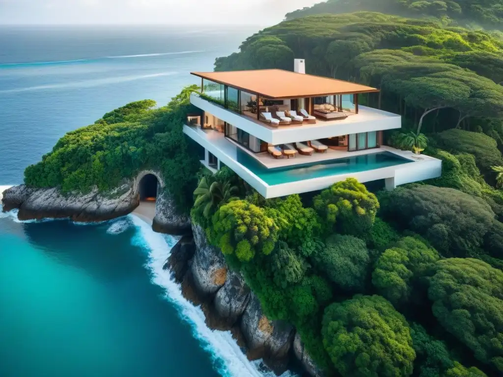 Residencia de lujo frente al mar: opulencia y serenidad Vista aérea de mansión de lujo en la costa, con piscina infinity y vistas al mar