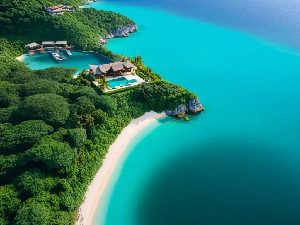 Propiedad costera exclusiva con playa privada y servicios de lujo Vista aérea de lujo costero con playa privada, villa moderna y servicio concierge