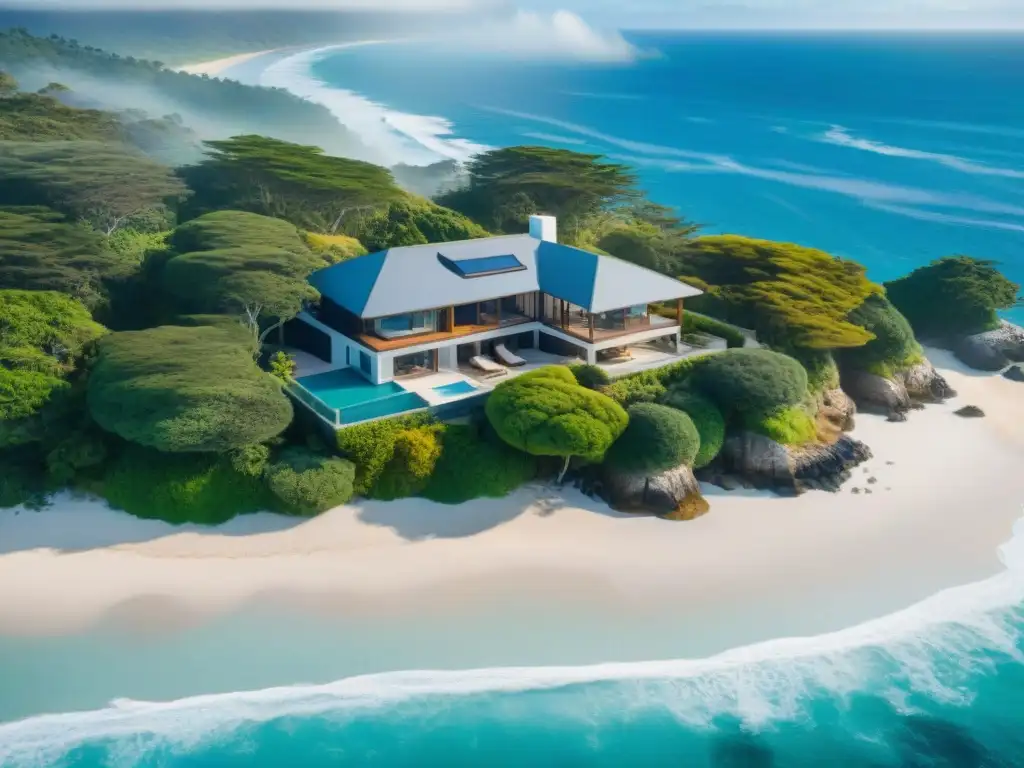 Retiro costero de lujo: vista aérea impresionante Vista aérea de lujo de propiedad costera con diseño moderno y tours virtuales propiedades costeras