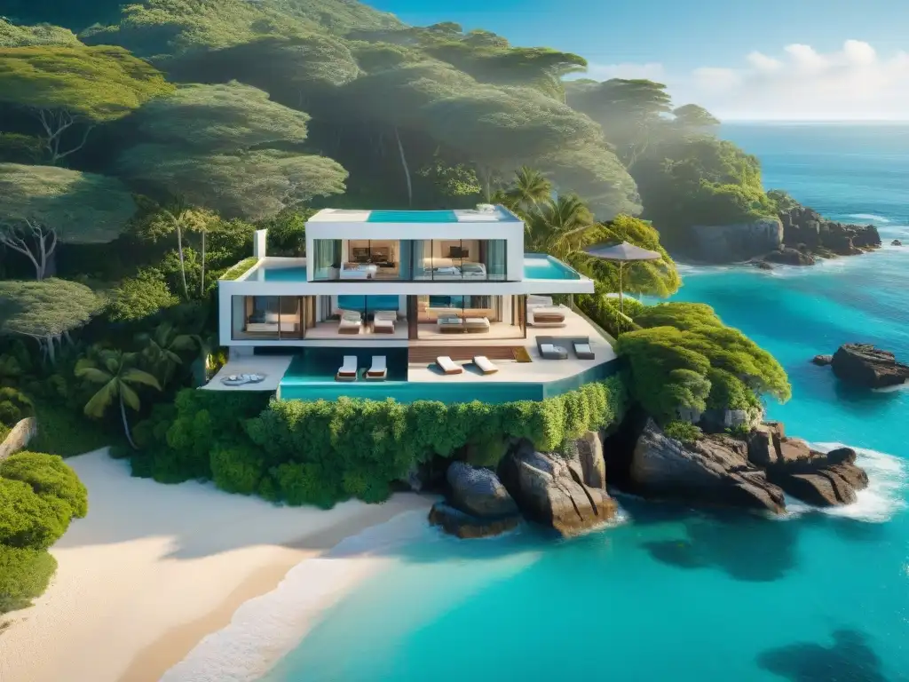 Propiedad costera de lujo con piscina infinita y acceso directo a la playa Vista aérea de lujo en propiedad costera con piscina infinita privada