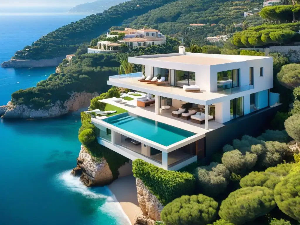 Villa de lujo en acantilados de la Riviera: exclusividad y relax Vista aérea de villa de lujo en la Riviera, con piscina infinita, exuberante vegetación y vistas al mar Mediterráneo