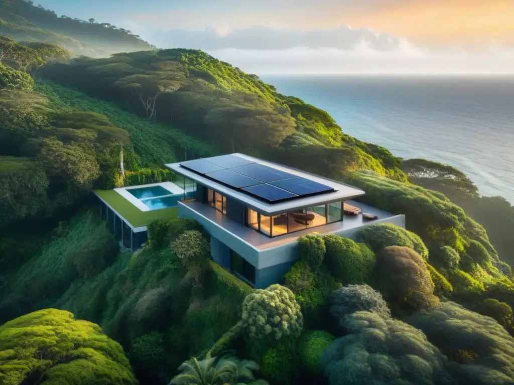 Propiedad costera de lujo sostenible: vista aérea impresionante Vista aérea de lujo sostenible en costa, con diseño ecofriendly integrado en entorno natural