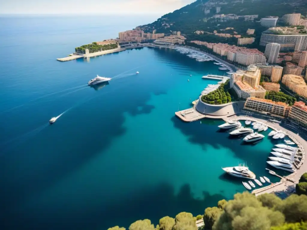 Marina de Mónaco: lujo y exclusividad en el Mediterráneo Vista aérea de la lujosa marina de Mónaco con yates de diseño, reflejando exclusividad