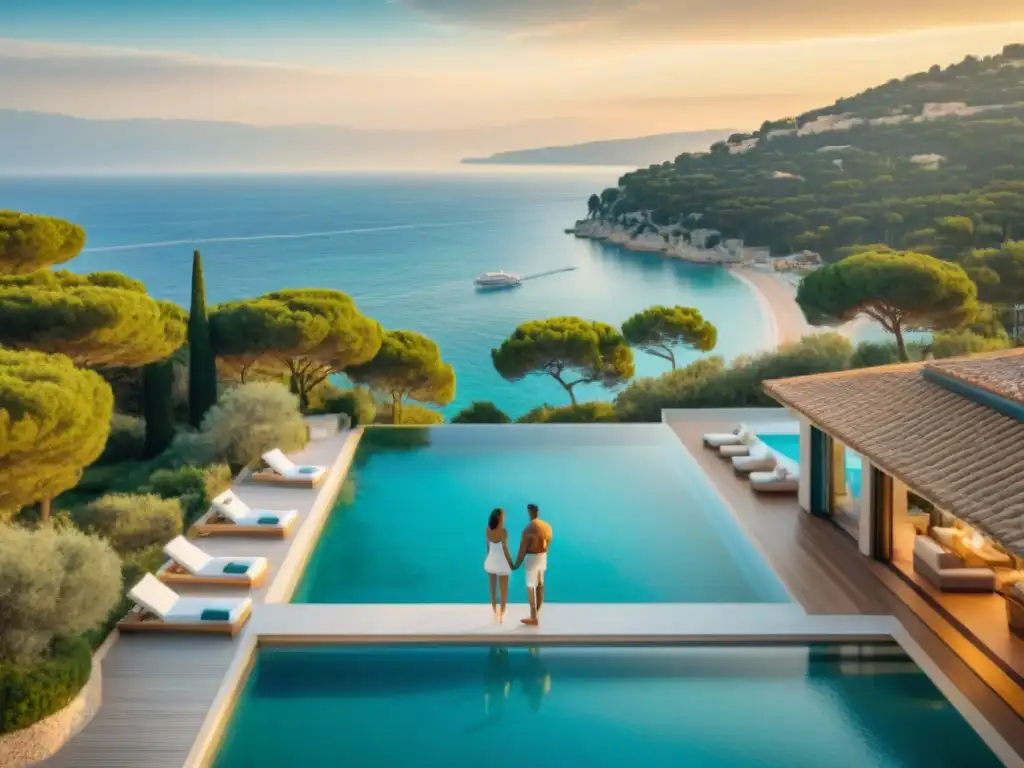 Propiedad de lujo en la Riviera Francesa: Vista aérea impresionante Vista aérea de una lujosa propiedad frente al mar en la Riviera Francesa con pareja cenando en la terraza al atardecer