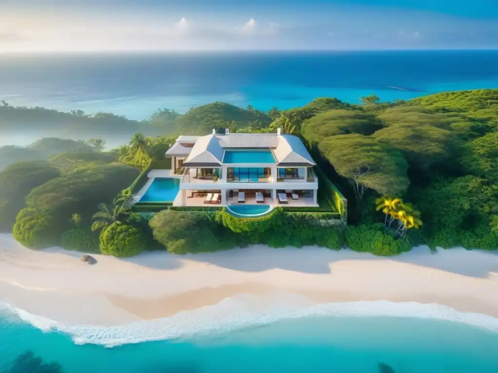 Propiedad costera de lujo con playa privada y atardecer dorado Vista aérea de una lujosa propiedad costera con playa privada, aguas turquesas y vegetación exuberante