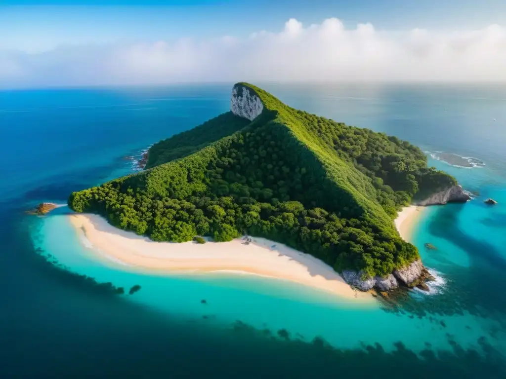 Propiedad costera de lujo: oasis de opulencia frente al mar turquesa Vista aérea de una lujosa propiedad costera entre exuberante vegetación y una playa privada, con aguas turquesas cristalinas acariciando la orilla