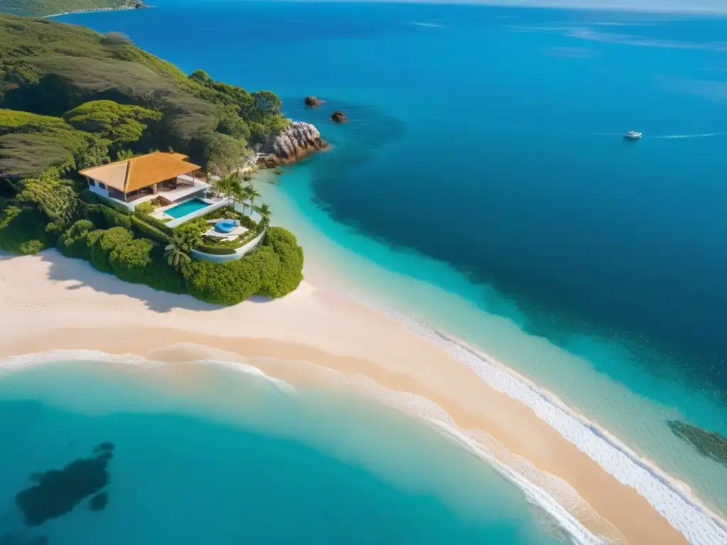 Propiedad costera de lujo: playas, aguas turquesas y exclusividad Vista aérea de una lujosa propiedad costera con playa, aguas turquesas y exuberante vegetación