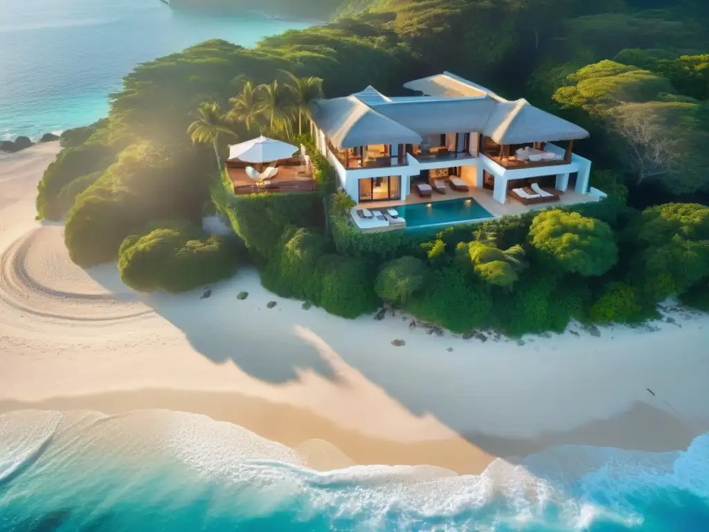 Villa de lujo frente al mar al atardecer Vista aérea de una lujosa villa costera al atardecer con pareja disfrutando cena romántica