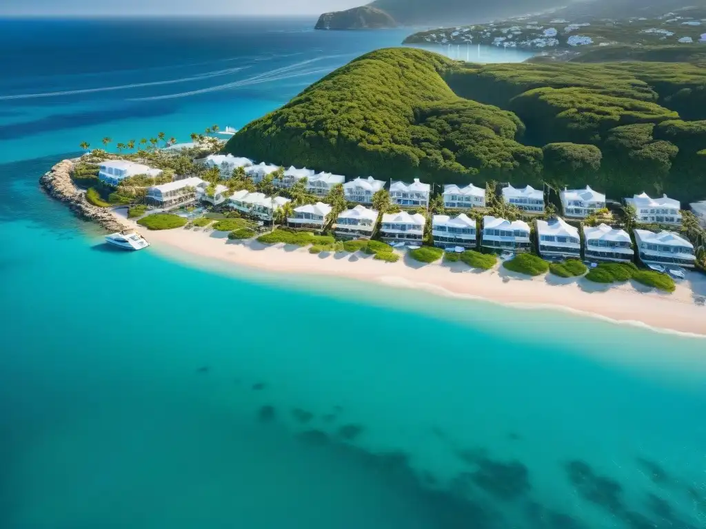 Costa de ensueño: propiedades de lujo junto al mar en un paraíso tropical Vista aérea de lujosas propiedades frente al mar, aguas turquesas y palmeras
