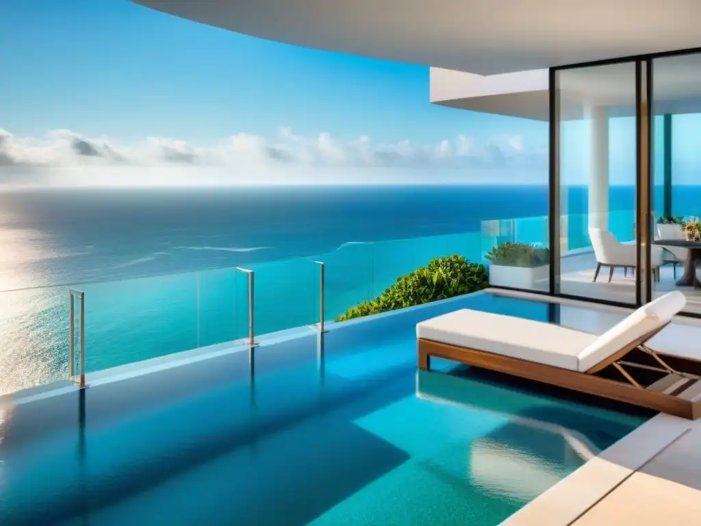 Penthouse de lujo con vista al mar y terraza privada Vista aérea de un lujoso ático con ventanales de piso a techo frente al mar, terraza privada con lounge y piscina infinita