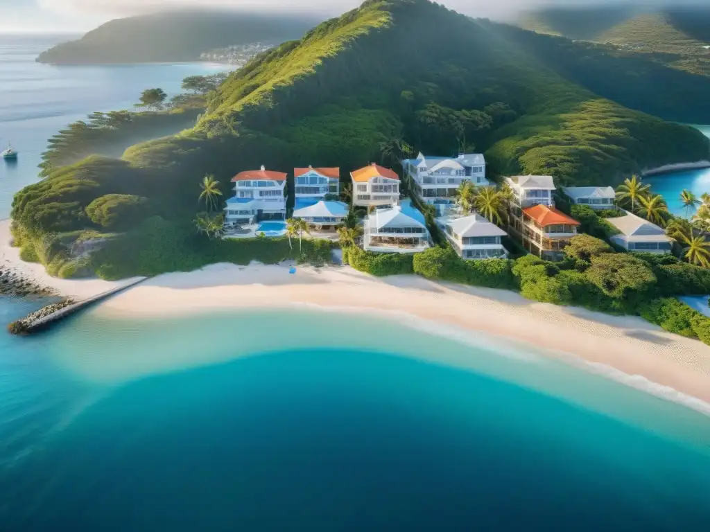 Vista aérea exclusiva de lujosa ciudad costera Vista aérea de un lujoso pueblo costero con propiedades frente al mar, ideal para la planificación financiera propiedad costera