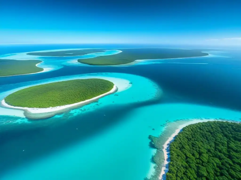 Maravillosa vista aérea de arrecifes de coral en Riviera Maya Vista aérea de las mejores propiedades costeras de la Riviera Maya: aguas turquesas, arrecifes de coral, manglares y playas blancas