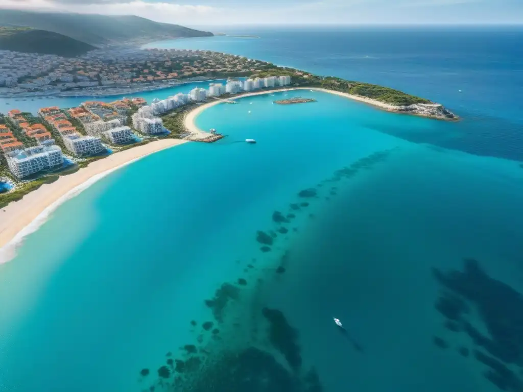 Mercado inmobiliario costero: lujo y vitalidad junto al mar Vista aérea de mercado inmobiliario costero con tecnología blockchain: propiedades lujosas, yates, paseo animado y mar cristalino