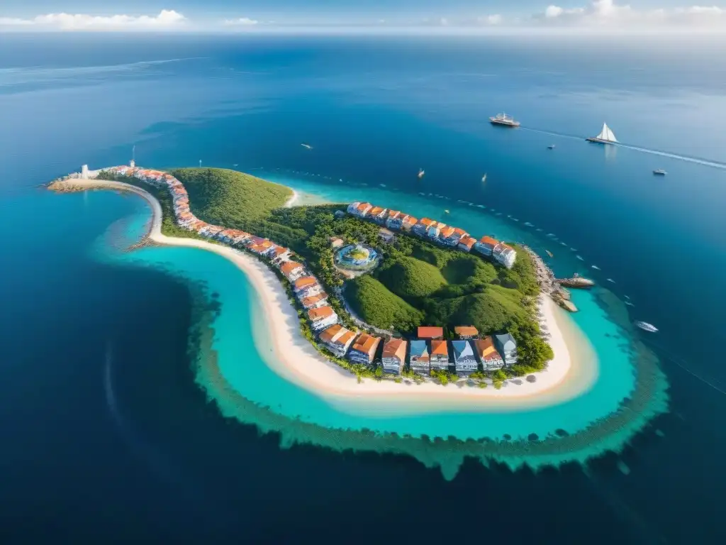 Vista aérea de mercados emergentes REITs costeros: pueblos pesqueros tradicionales y modernos edificios frente al mar