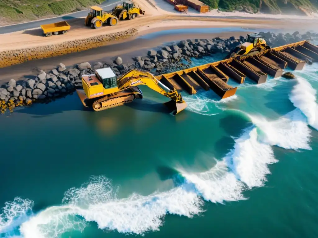Construcción costera: maquinaria en acción junto al mar Vista aérea de obra en zona costera: maquinaria pesada, trabajadores con cascos, mar y oleaje