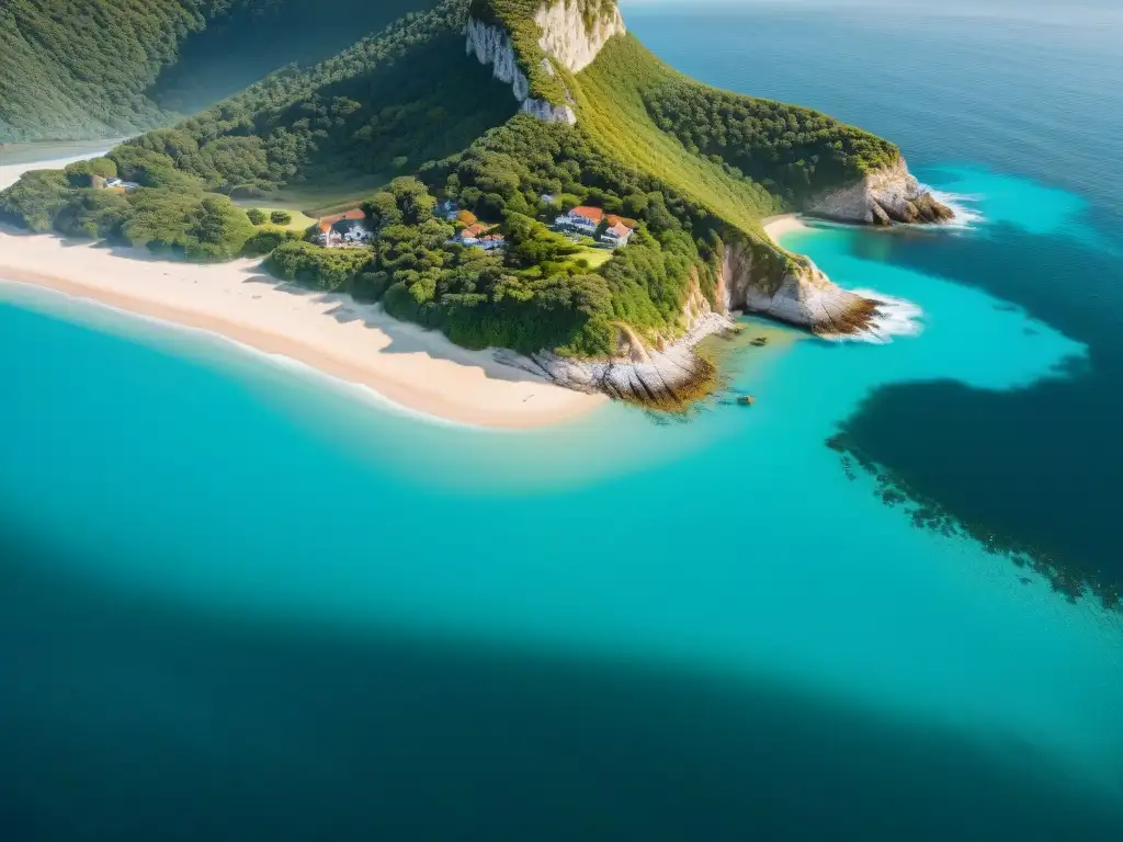 Costa paradisíaca: aguas turquesas, playas doradas y acantilados Una vista aérea de paisaje costero con aguas turquesas y playas de arena, acantilados, vegetación exuberante y propiedades costeras