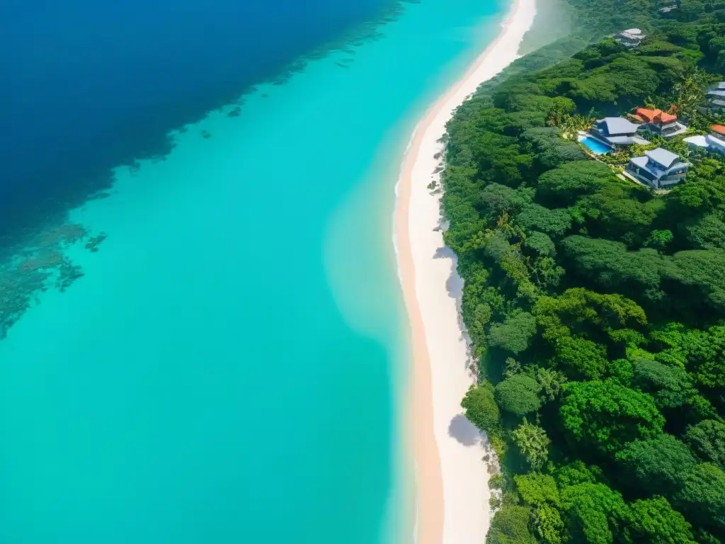 Inversión inmobiliaria: paraíso costero de lujo en crowdfunding Vista aérea de paraíso costero con aguas turquesas, playas de arena blanca y propiedades en construcción