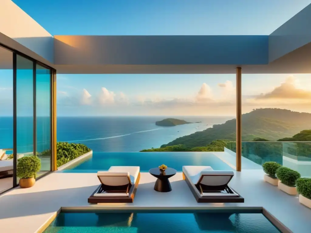 Penthouse de lujo con vistas al mar: el paraíso en altura Vista aérea de un penthouse de lujo con piscina infinita y vistas al mar, ideal para los mejores apartamentos penthouse frente mar