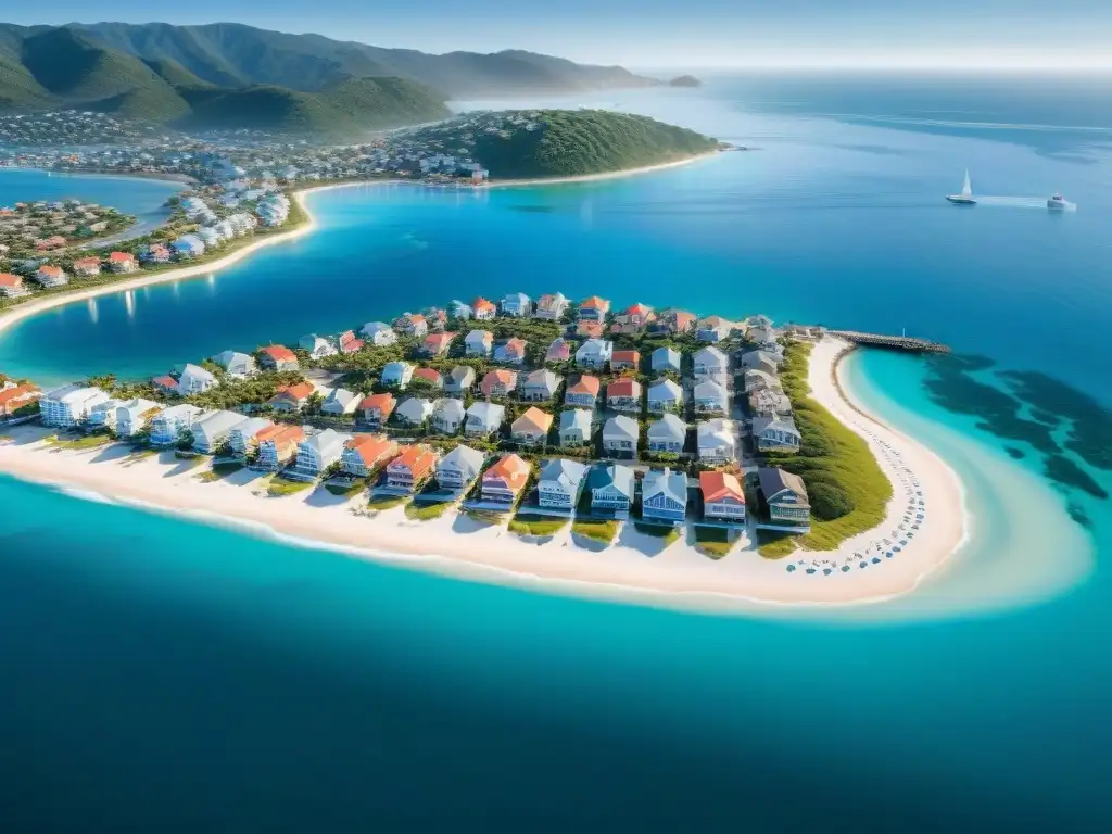 Inversión inmobiliaria costera: Pueblo costero idílico y colorido Vista aérea de un pintoresco pueblo costero con propiedades coloridas, ideal para inversiones en propiedades costeras