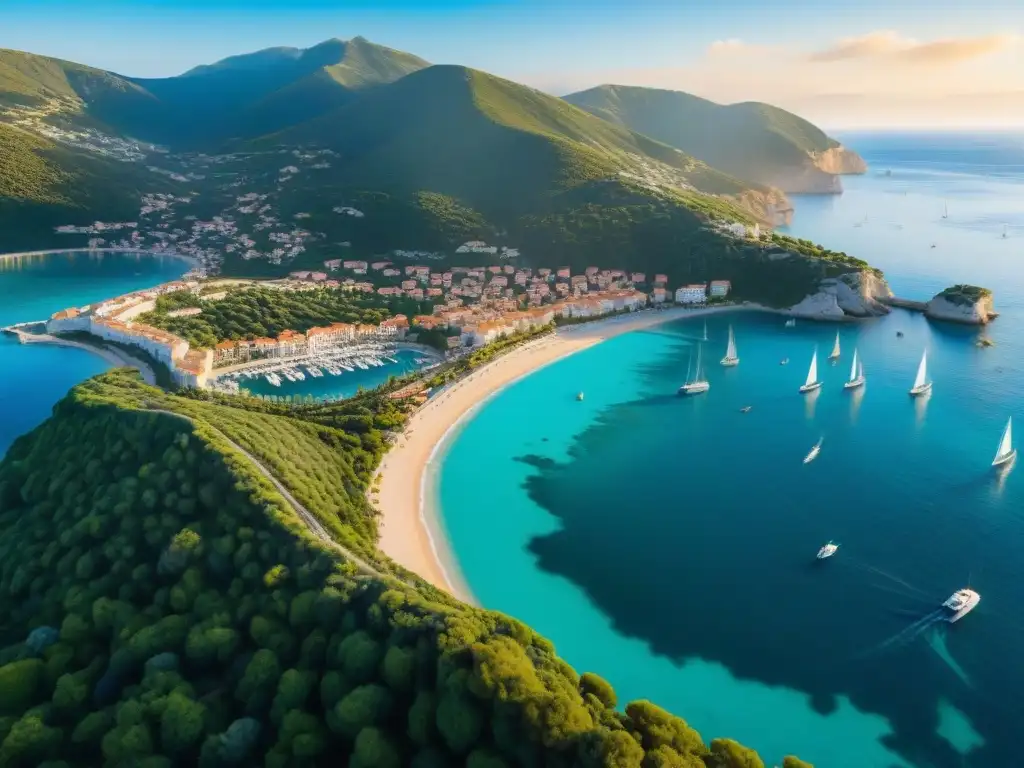 Oportunidades de desarrollo costero en pueblo mediterráneo Vista aérea de un pintoresco pueblo costero con aguas turquesas, playas doradas, un puerto bullicioso lleno de veleros y yates