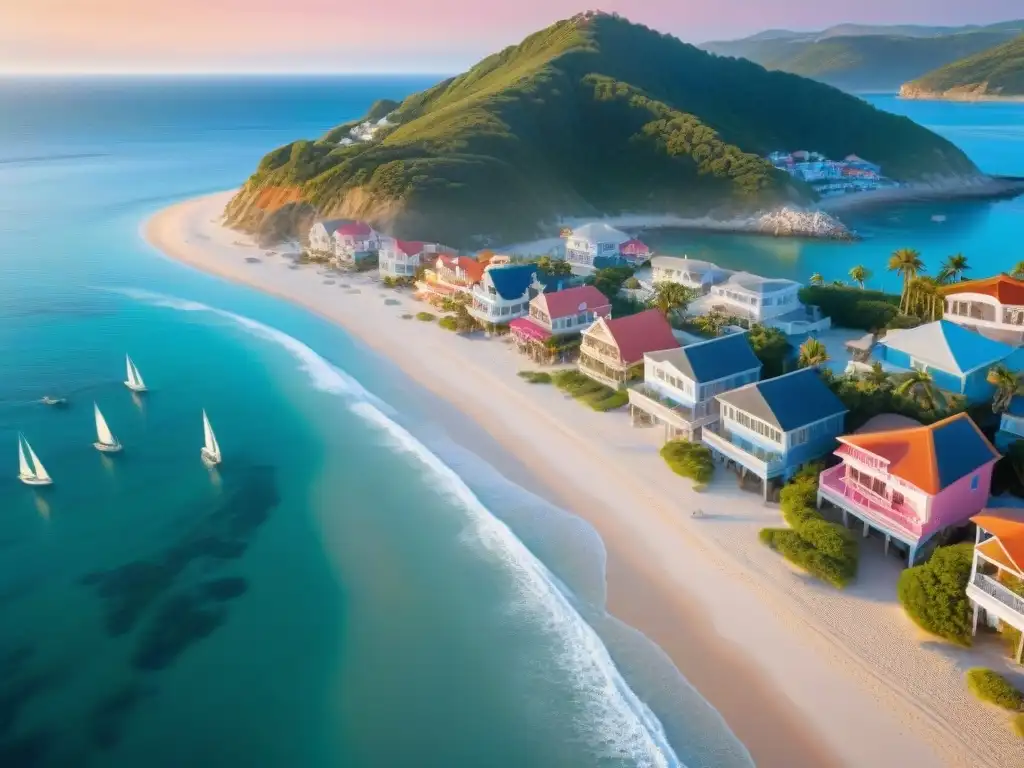 Oportunidad de inversión costera: pueblo pintoresco al atardecer Vista aérea de un pintoresco pueblo costero bañado en luz dorada, con propiedades frente al mar, ideal para inversión