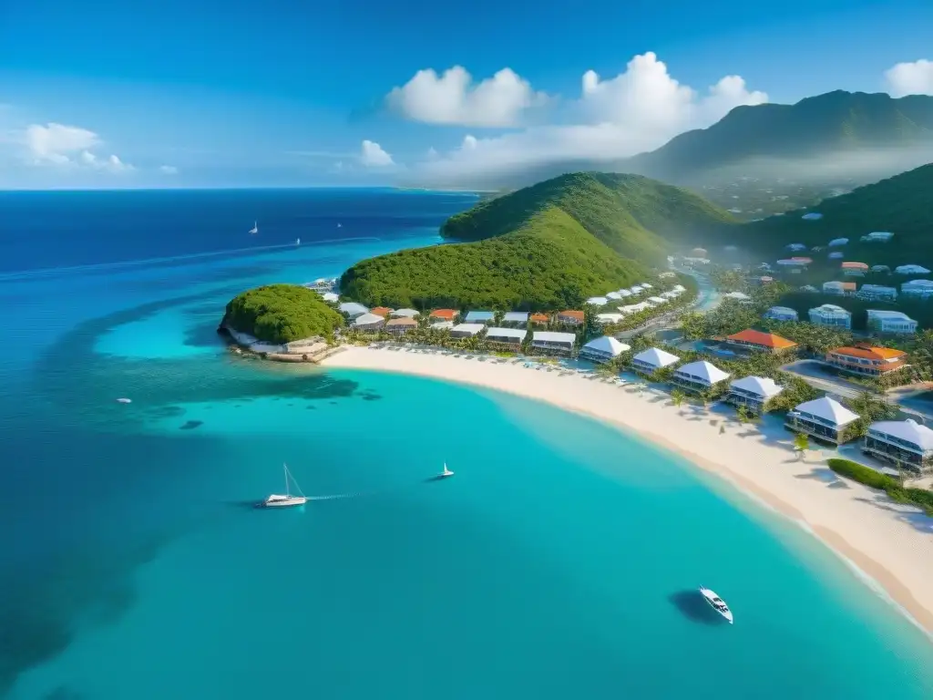 Costa paradisíaca: turismo y lujo en un destino vacacional exclusivo Vista aérea de un pintoresco pueblo costero con alquiler vacacional propiedades costeras, playas doradas y yates de lujo en el puerto