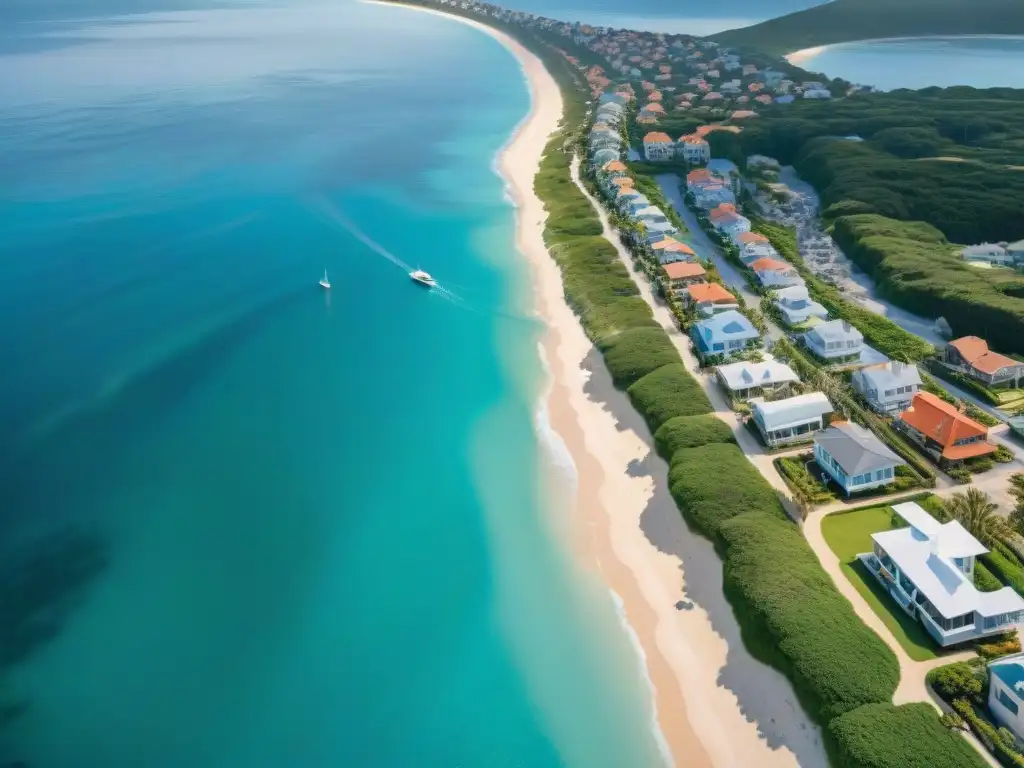 Vista aérea de pueblo costero: lujo y tranquilidad en la playa Vista aérea de un pintoresco pueblo costero con segundas residencias costeras teletrabajo