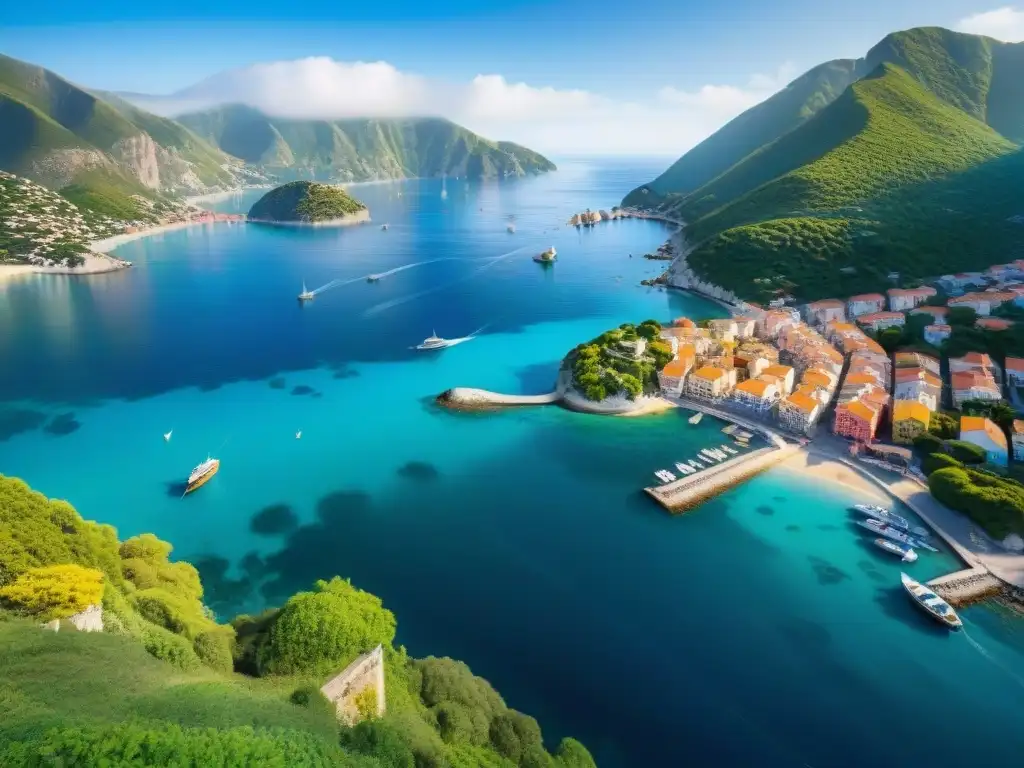 Pintoresco pueblo costero: mar, montañas y arquitectura histórica Vista aérea de un pintoresco pueblo costero con un puerto bullicioso y calles empedradas, perfecto para inversiones en ciudades costeras postpandemia